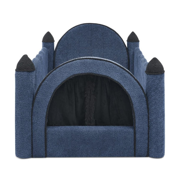 English Elm Twin Kids Boucle Upholstered Bed Solid Wood Frame with Full Guardrails Sculpted Silhouette Navy Castle Bed W1413S00220