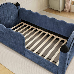 English Elm Twin Kids Boucle Upholstered Bed Solid Wood Frame with Full Guardrails Sculpted Silhouette Navy Castle Bed W1413S00220