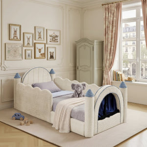 English Elm Twin Castle Boucle Upholstered Bed with Guardrails and Privacy Curtain for Kids Room Twin Camel W1413S00221