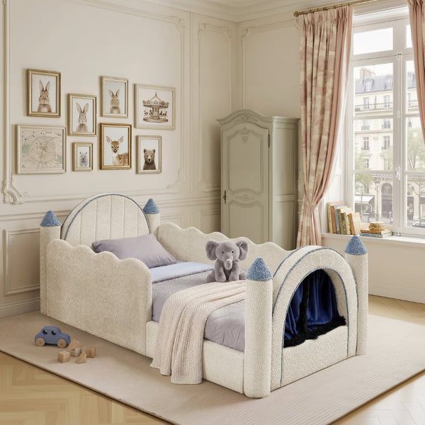 English Elm Twin Castle Boucle Upholstered Bed with Guardrails and Privacy Curtain for Kids Room Twin Camel W1413S00221