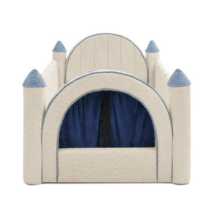 English Elm Twin Castle Boucle Upholstered Bed with Guardrails and Privacy Curtain for Kids Room Twin Camel W1413S00221