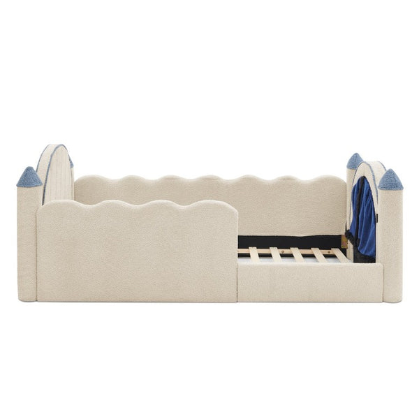 English Elm Twin Castle Boucle Upholstered Bed with Guardrails and Privacy Curtain for Kids Room Twin Camel W1413S00221