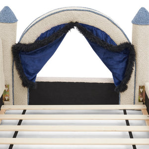 English Elm Twin Castle Boucle Upholstered Bed with Guardrails and Privacy Curtain for Kids Room Twin Camel W1413S00221
