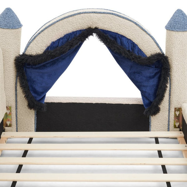 English Elm Twin Castle Boucle Upholstered Bed with Guardrails and Privacy Curtain for Kids Room Twin Camel W1413S00221