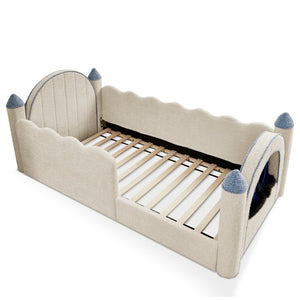 English Elm Twin Castle Boucle Upholstered Bed with Guardrails and Privacy Curtain for Kids Room Twin Camel W1413S00221