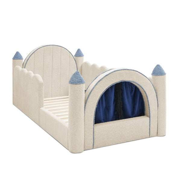 English Elm Twin Castle Boucle Upholstered Bed with Guardrails and Privacy Curtain for Kids Room Twin Camel W1413S00221