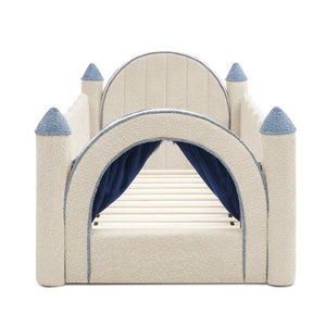 English Elm Twin Castle Boucle Upholstered Bed with Guardrails and Privacy Curtain for Kids Room Twin Camel W1413S00221