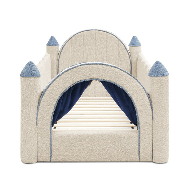 English Elm Twin Castle Boucle Upholstered Bed with Guardrails and Privacy Curtain for Kids Room Twin Camel W1413S00221