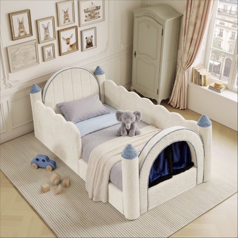 English Elm Twin Castle Boucle Upholstered Bed with Guardrails and Privacy Curtain for Kids Room Twin Camel W1413S00221