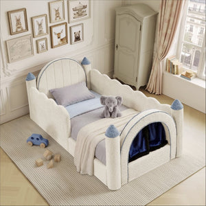 English Elm Twin Castle Boucle Upholstered Bed with Guardrails and Privacy Curtain for Kids Room Twin Camel W1413S00221