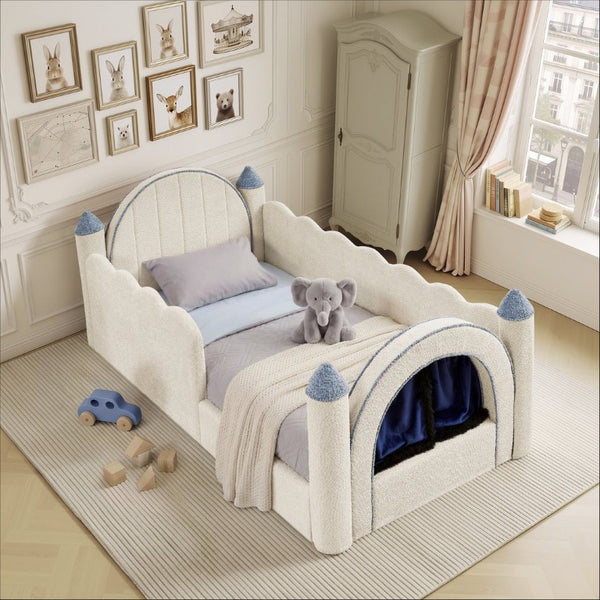 English Elm Twin Castle Boucle Upholstered Bed with Guardrails and Privacy Curtain for Kids Room Twin Camel W1413S00221