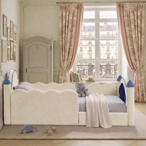 English Elm Twin Castle Boucle Upholstered Bed with Guardrails and Privacy Curtain for Kids Room Twin Camel W1413S00221