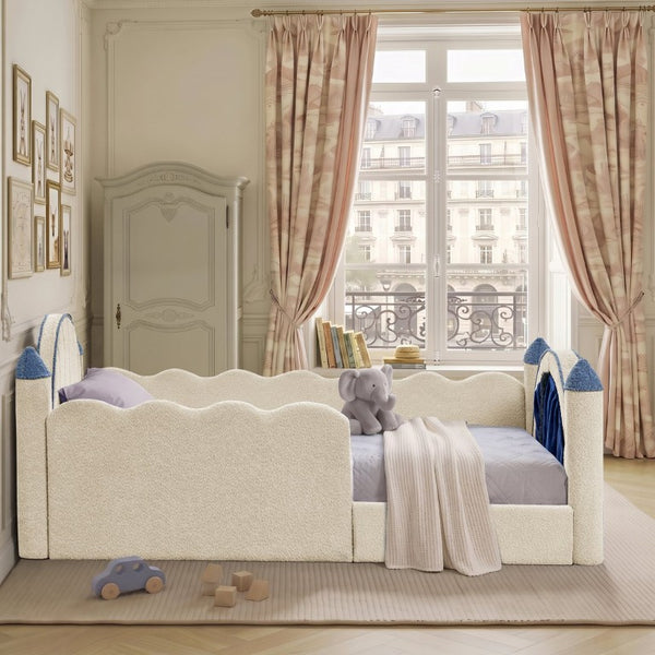 English Elm Twin Castle Boucle Upholstered Bed with Guardrails and Privacy Curtain for Kids Room Twin Camel W1413S00221