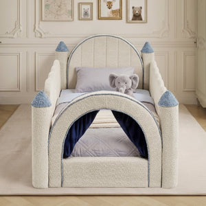 English Elm Twin Castle Boucle Upholstered Bed with Guardrails and Privacy Curtain for Kids Room Twin Camel W1413S00221