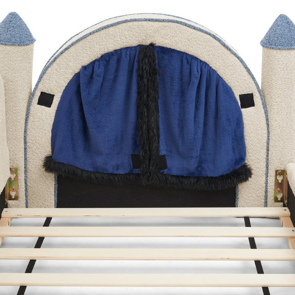 English Elm Twin Castle Boucle Upholstered Bed with Guardrails and Privacy Curtain for Kids Room Twin Camel W1413S00221