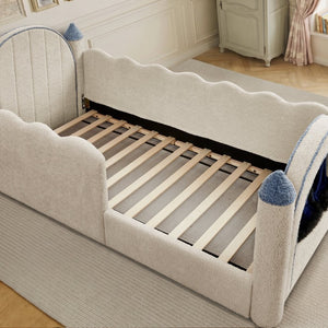 English Elm Twin Castle Boucle Upholstered Bed with Guardrails and Privacy Curtain for Kids Room Twin Camel W1413S00221