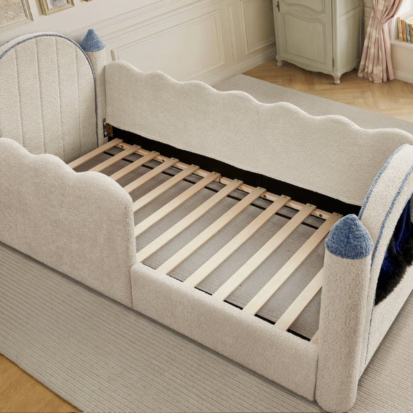 English Elm Twin Castle Boucle Upholstered Bed with Guardrails and Privacy Curtain for Kids Room Twin Camel W1413S00221