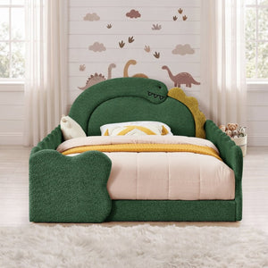 English Elm Twin Castle Boucle Upholstered Bed with Guardrails and Privacy Curtain for Kids Room Full Green W1413S00222