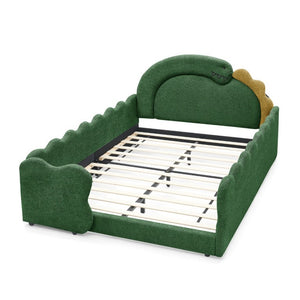 English Elm Twin Castle Boucle Upholstered Bed with Guardrails and Privacy Curtain for Kids Room Full Green W1413S00222