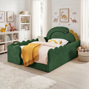 English Elm Twin Castle Boucle Upholstered Bed with Guardrails and Privacy Curtain for Kids Room Full Green W1413S00222
