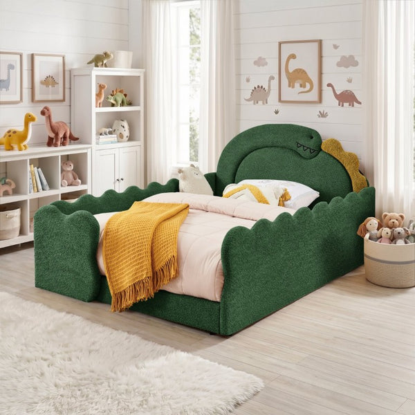 English Elm Twin Castle Boucle Upholstered Bed with Guardrails and Privacy Curtain for Kids Room Full Green W1413S00222