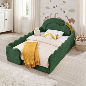 English Elm Twin Castle Boucle Upholstered Bed with Guardrails and Privacy Curtain for Kids Room Full Green W1413S00222