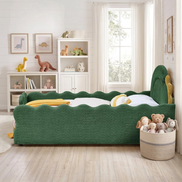 English Elm Twin Castle Boucle Upholstered Bed with Guardrails and Privacy Curtain for Kids Room Full Green W1413S00222