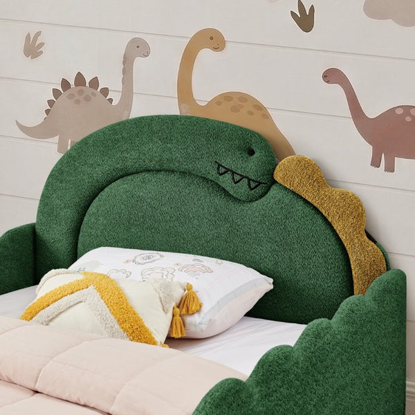 English Elm Twin Castle Boucle Upholstered Bed with Guardrails and Privacy Curtain for Kids Room Full Green W1413S00222