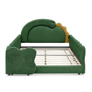 English Elm Twin Castle Boucle Upholstered Bed with Guardrails and Privacy Curtain for Kids Room Full Green W1413S00222