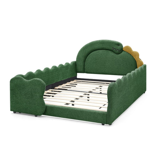English Elm Twin Castle Boucle Upholstered Bed with Guardrails and Privacy Curtain for Kids Room Full Green W1413S00222