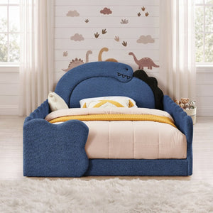 English Elm Twin Castle Boucle Upholstered Bed with Guardrails and Privacy Curtain for Kids Room Full Navy W1413S00223
