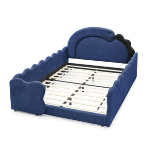 English Elm Twin Castle Boucle Upholstered Bed with Guardrails and Privacy Curtain for Kids Room Full Navy W1413S00223