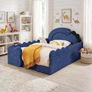 English Elm Twin Castle Boucle Upholstered Bed with Guardrails and Privacy Curtain for Kids Room Full Navy W1413S00223