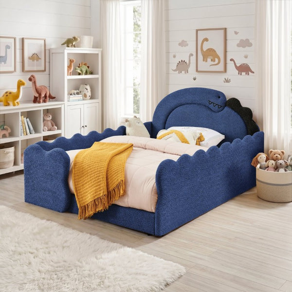 English Elm Twin Castle Boucle Upholstered Bed with Guardrails and Privacy Curtain for Kids Room Full Navy W1413S00223