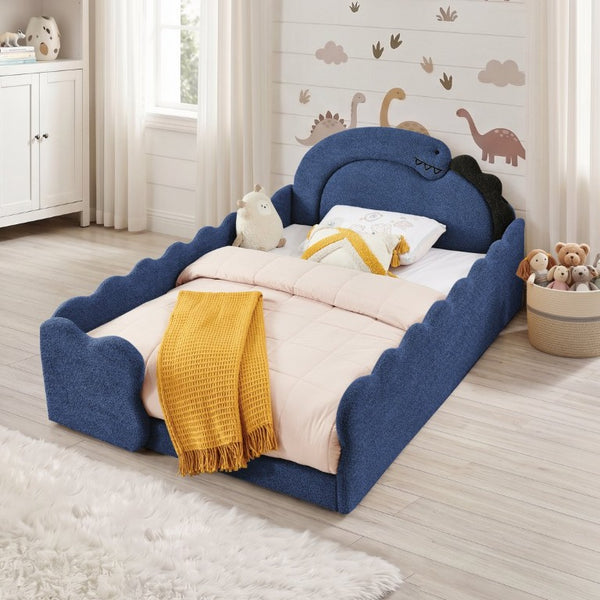 English Elm Twin Castle Boucle Upholstered Bed with Guardrails and Privacy Curtain for Kids Room Full Navy W1413S00223