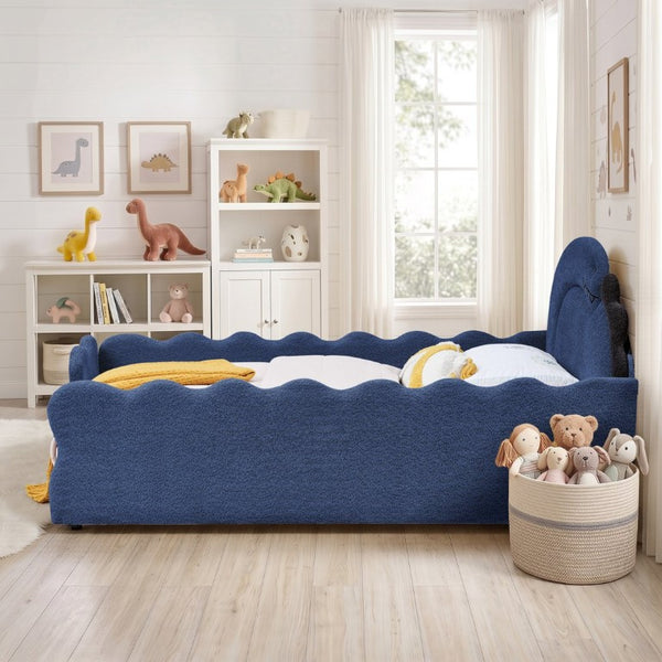 English Elm Twin Castle Boucle Upholstered Bed with Guardrails and Privacy Curtain for Kids Room Full Navy W1413S00223
