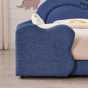 English Elm Twin Castle Boucle Upholstered Bed with Guardrails and Privacy Curtain for Kids Room Full Navy W1413S00223