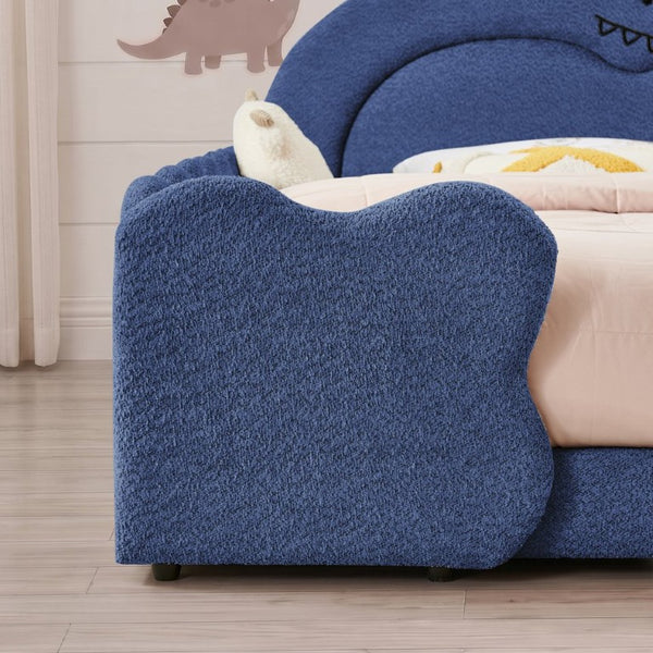 English Elm Twin Castle Boucle Upholstered Bed with Guardrails and Privacy Curtain for Kids Room Full Navy W1413S00223