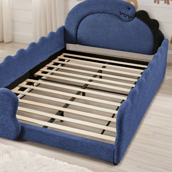 English Elm Twin Castle Boucle Upholstered Bed with Guardrails and Privacy Curtain for Kids Room Full Navy W1413S00223