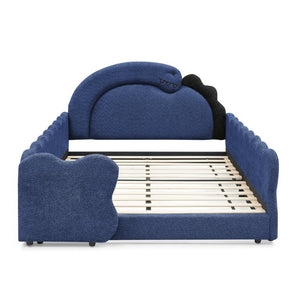 English Elm Twin Castle Boucle Upholstered Bed with Guardrails and Privacy Curtain for Kids Room Full Navy W1413S00223