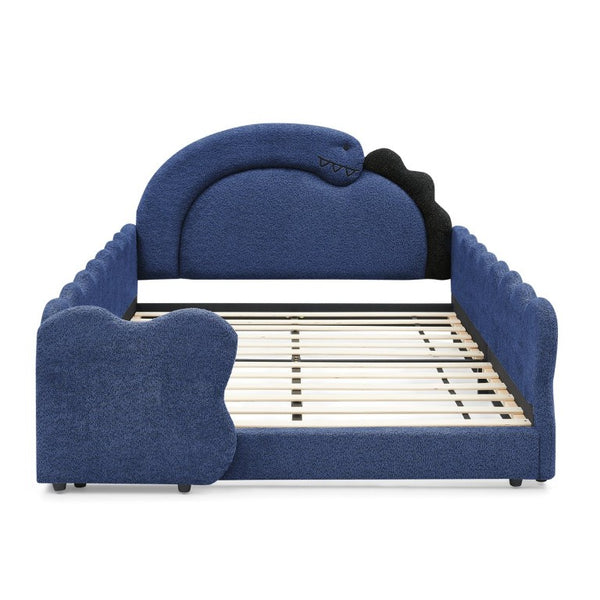 English Elm Twin Castle Boucle Upholstered Bed with Guardrails and Privacy Curtain for Kids Room Full Navy W1413S00223