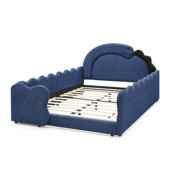 English Elm Twin Castle Boucle Upholstered Bed with Guardrails and Privacy Curtain for Kids Room Full Navy W1413S00223