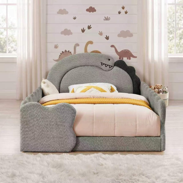 English Elm Twin Castle Boucle Upholstered Bed with Guardrails and Privacy Curtain for Kids Room Full Grey W1413S00224