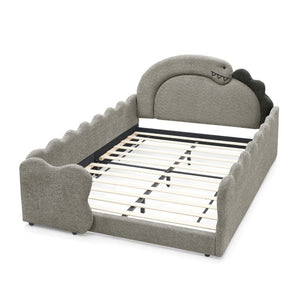 English Elm Twin Castle Boucle Upholstered Bed with Guardrails and Privacy Curtain for Kids Room Full Grey W1413S00224