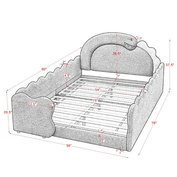 English Elm Twin Castle Boucle Upholstered Bed with Guardrails and Privacy Curtain for Kids Room Full Grey W1413S00224