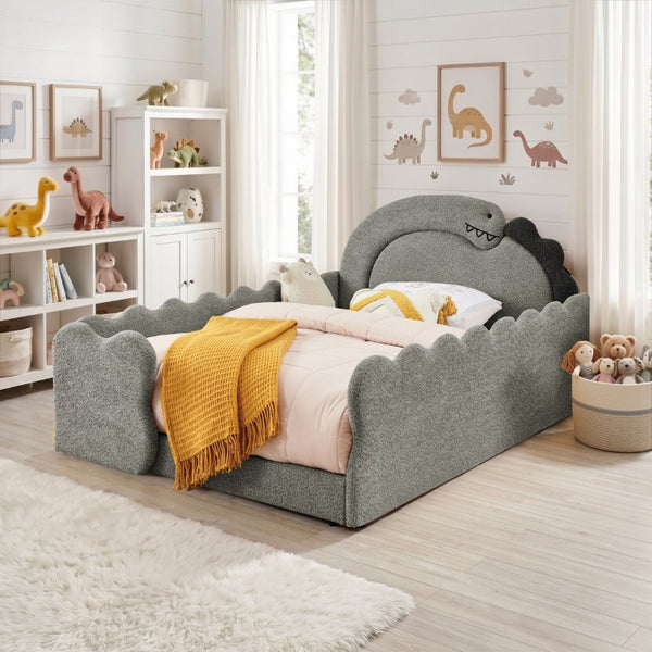 English Elm Twin Castle Boucle Upholstered Bed with Guardrails and Privacy Curtain for Kids Room Full Grey W1413S00224