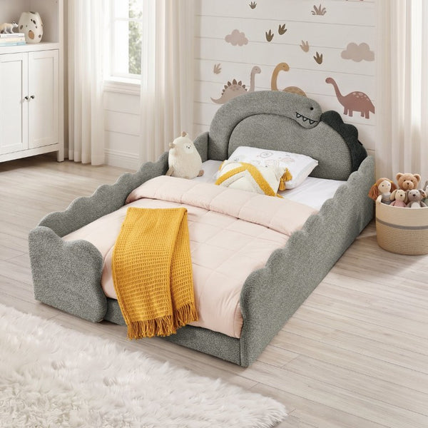 English Elm Twin Castle Boucle Upholstered Bed with Guardrails and Privacy Curtain for Kids Room Full Grey W1413S00224
