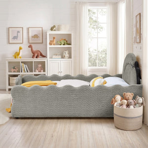 English Elm Twin Castle Boucle Upholstered Bed with Guardrails and Privacy Curtain for Kids Room Full Grey W1413S00224