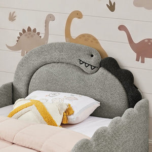 English Elm Twin Castle Boucle Upholstered Bed with Guardrails and Privacy Curtain for Kids Room Full Grey W1413S00224