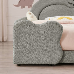 English Elm Twin Castle Boucle Upholstered Bed with Guardrails and Privacy Curtain for Kids Room Full Grey W1413S00224